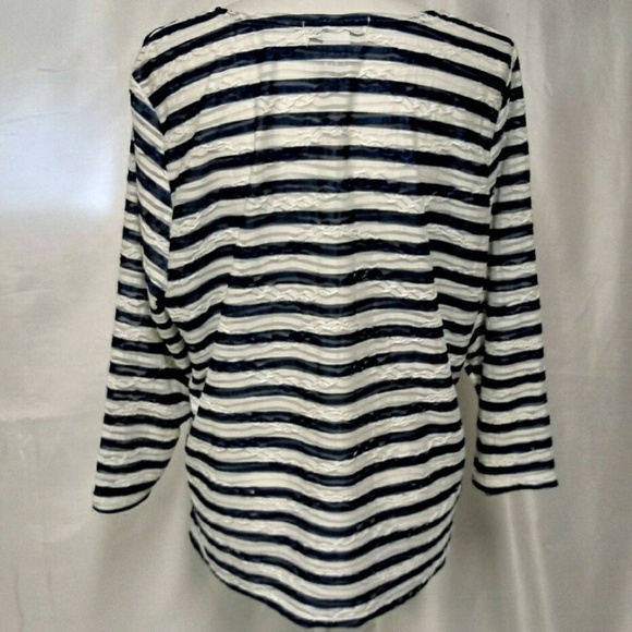Cathy Daniels Blue White Striped Sheer Tulle Detail Scoop Neck Long Sleeve Top - Picture 4 of 8